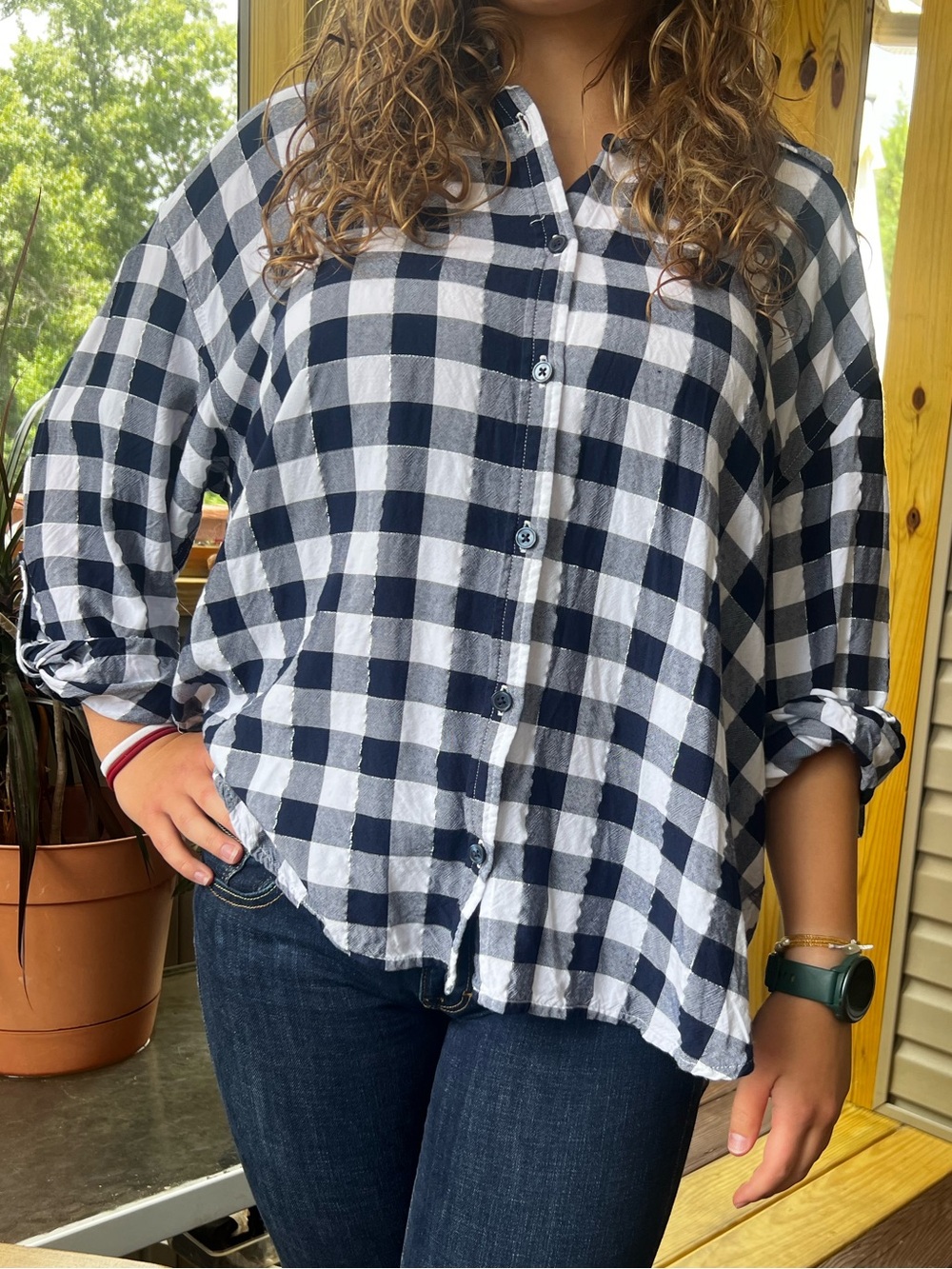Gloria Vanderbilt Size Large Navy Blue & White High-Low Flannel Shirt 🤍💙